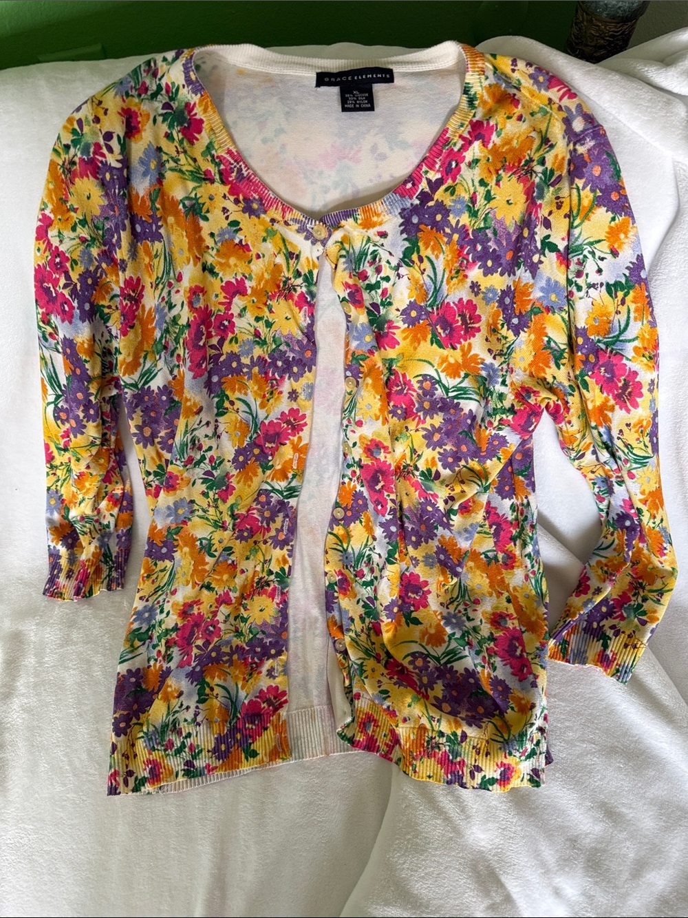Grace Elements Floral Scoop Neck Cardigan - Yellow, Purple, Pink